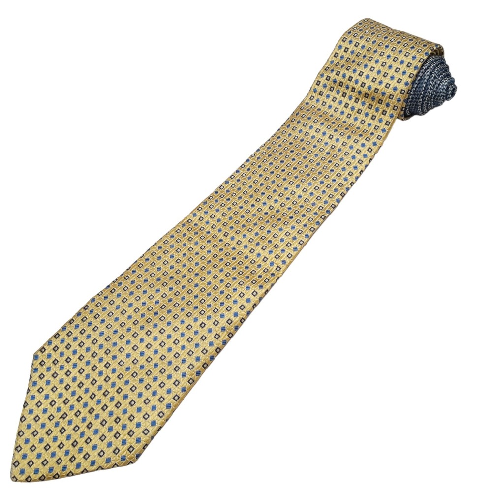 VTG Tommy Hilfiger Necktie Mens Gold Blue Geometric Diamond Silk Preppy Classic